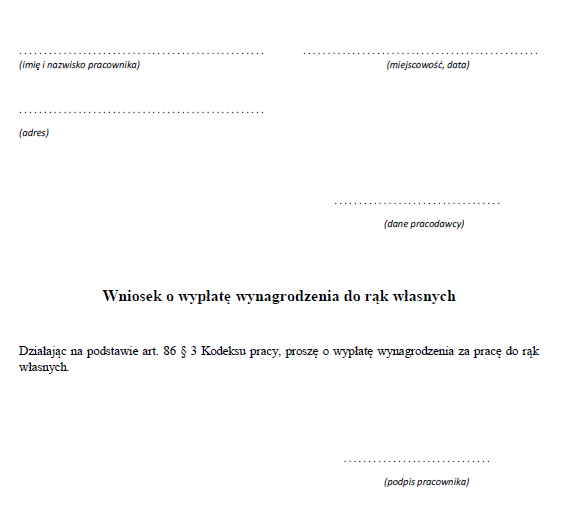 wniosek o wyplate wynagrodzenia gotowka